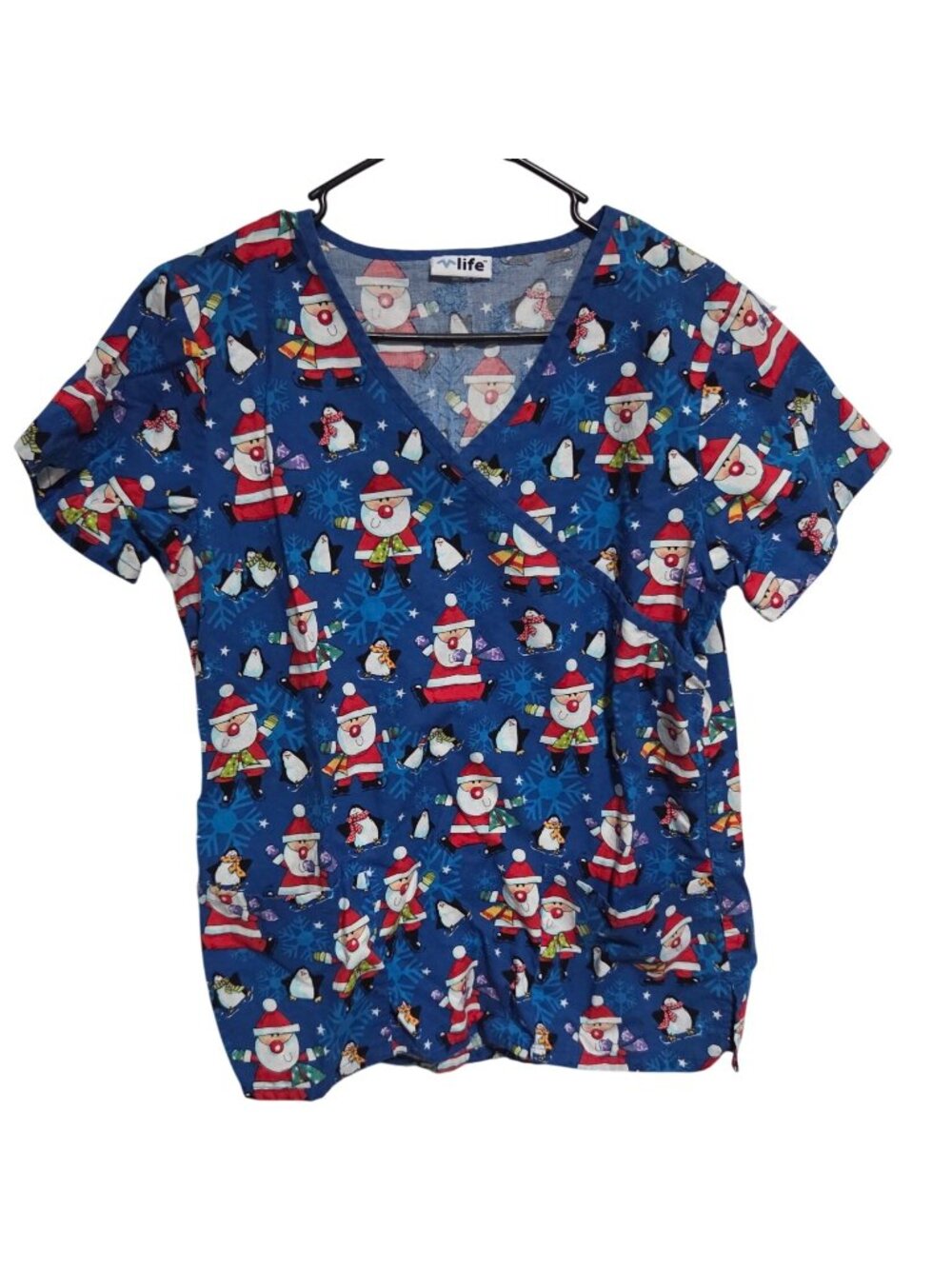 Christmas Scrub Top Womens Size XL Santa Claus Penguin Blue Short Sleeve Uniform